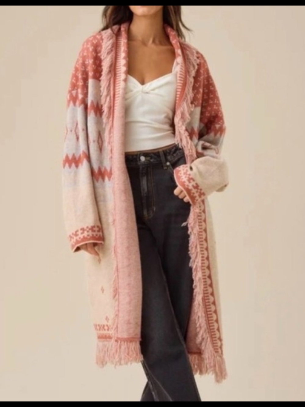 Altar'd State Pink and Cream Fringe Knit Open-Front Cardigan